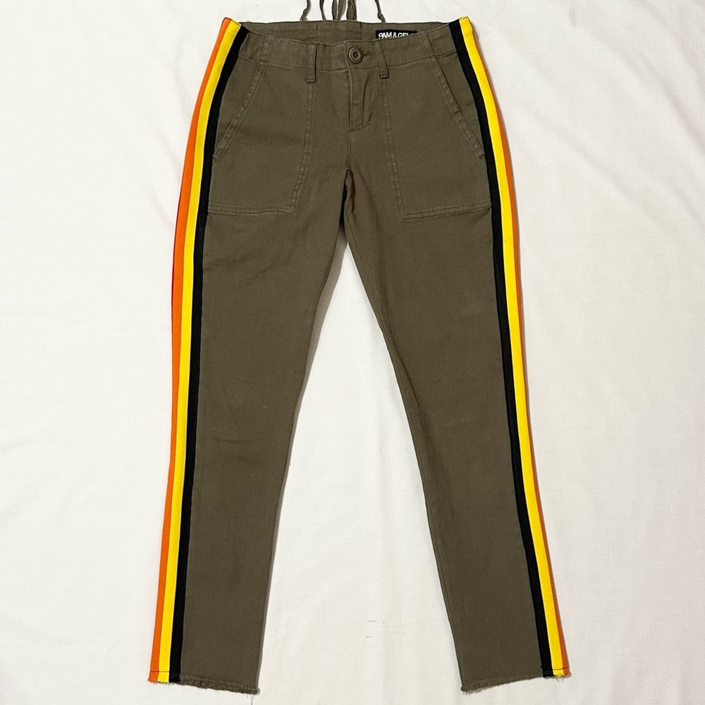 Pam & Gela Olive Green Utility Pants w/Multicolor Side Stripes, Lace-Up Back- 24